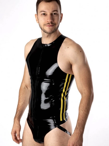 RoB Latex Et Néoprène Débardeur Zip Bandes Jaunes Latex 2 RoB Latex Et Néoprène Débardeur Zip Bandes Jaunes Latex – Image 2