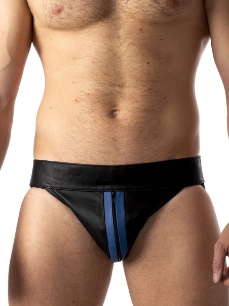 Rob Jockstrap Zippé Bandes Bleues Cuir 1 Rob Jockstrap Zippé Bandes Bleues Cuir