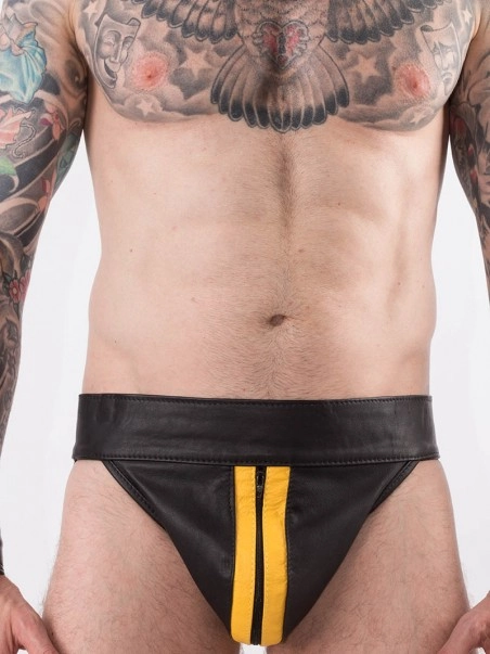 Rob Jockstrap Zippé Bandes Jaunes Cuir 1 Rob Jockstrap Zippé Bandes Jaunes Cuir