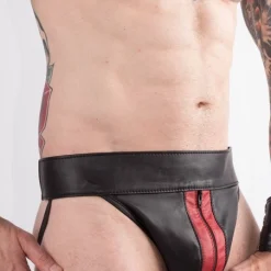 Rob Jockstrap Zippé Bandes Rouges Cuir -Pas Cher Vestiaire Fetish Magasin jockstrap zippe bandes rouges cuir 3