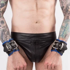 RoB Accessoires Menottes Cuir Bords Bleus -Pas Cher Vestiaire Fetish Magasin menottes bords bleus cuir 2
